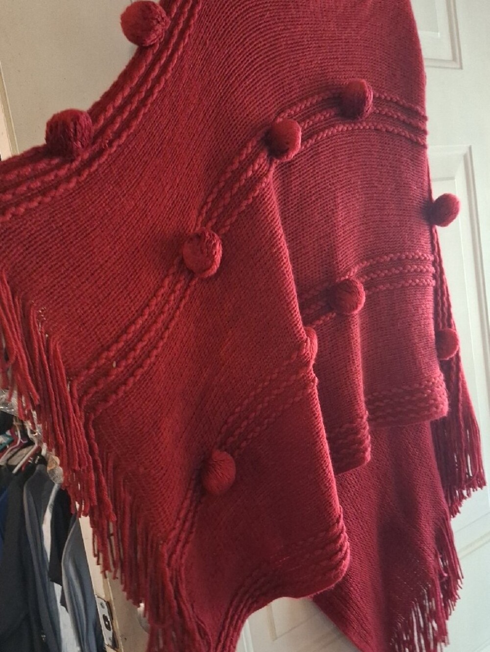 Women’s Red Pom-Pom Knit Poncho - Picture 4 of 4